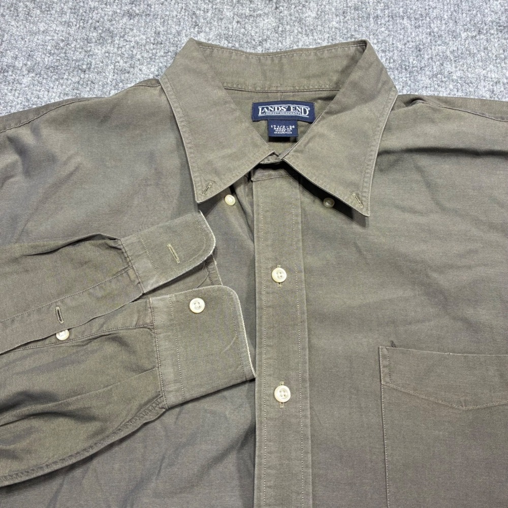 Lands End Shirt Mens 17.5/34 Olive Green Direct Merchant Cotton Button Down